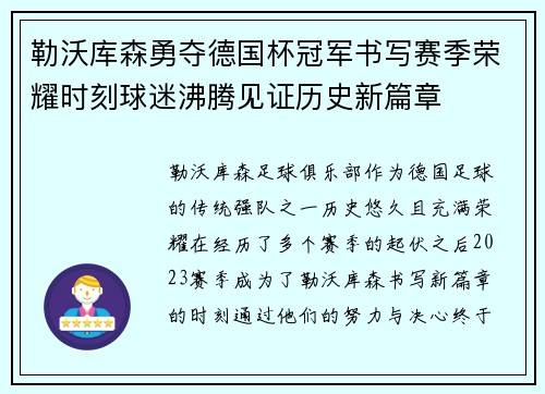 勒沃库森勇夺德国杯冠军书写赛季荣耀时刻球迷沸腾见证历史新篇章