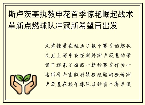 斯卢茨基执教申花首季惊艳崛起战术革新点燃球队冲冠新希望再出发